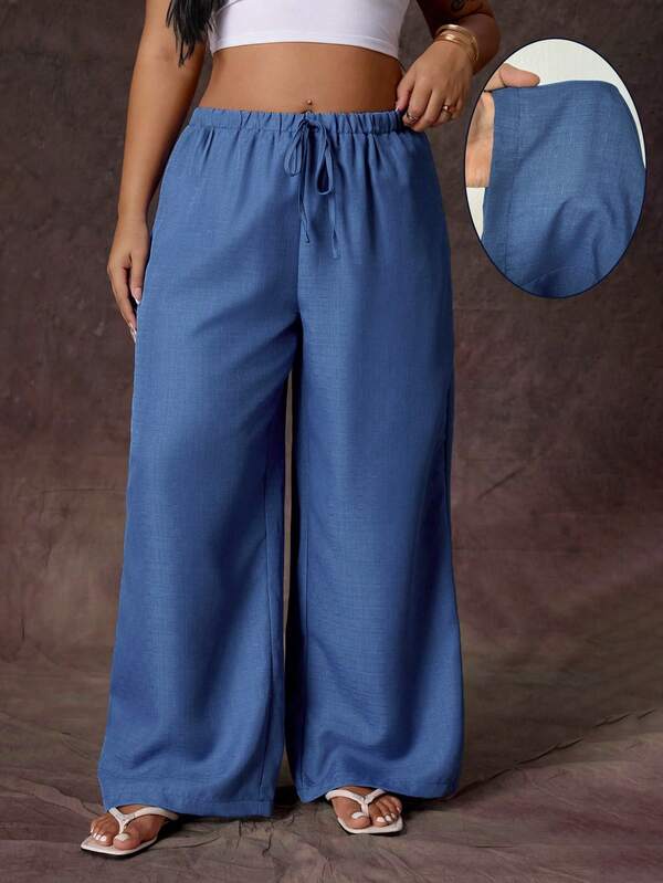 Rustia Pantalon bleu en faux lin à jambes larges pour femmes, été fin taille haute avec cordon de serrage drapé ample décontracté traditionnel droit long formel vacances