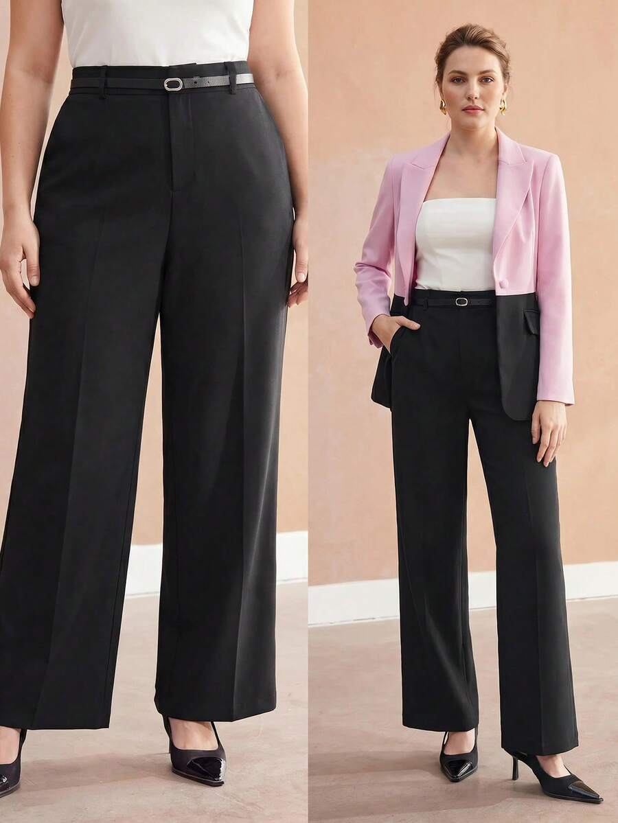 MOTF PREMIUM MODISCHE ELEGANTE DAMENHOSE MIT GÜRTELDEKOR IN GROSSGRÖSSEN, GERADE BEINFORM, HERBST - Schwarz - Übersicht 1