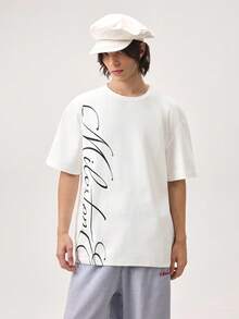 Vaulklash Men's Vintage American Handwritten English Letter Slogan Print Short Sleeve T-Shirt,White,Summer,Casual,Streetwear,City Break,Loose Standard Fit - White - View 5