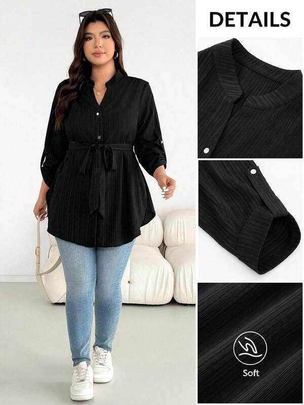 SHEIN Essnce Camisa de manga larga negra para mujer talla grande, de moda casual, holgada y cómoda para uso diario, de tela texturizada, con hebilla metálica y lazo para ceñir la cintura, mangas ajustables, blusa para mujer, top para el trabajo, atuendo de otoño/invierno