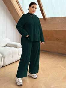 SHEIN Essnce Plus Size Casual Solid Color Side Slit Top And Pants 2 Pieces Set, Autumn Fall - Dark Green - View 5