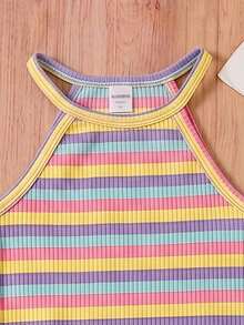 SHEIN Sparklyn Tween Girls Casual Back To School Halter Dress Ribbed - Yellow - View 4