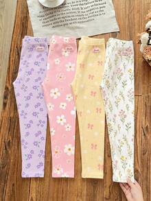 Young Girls Bohemian Floral Series, Young Girl Casual Simple Long Leggings Suitable For Autumn/Winter Daily Wear, Random 2pcs/Set - Multicolor - View 4