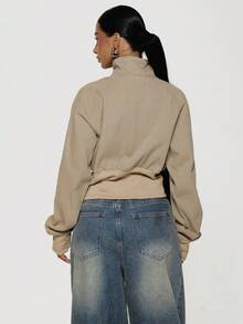 MUSERA Studded Funnel Neck Cropped Jacket With Cinched Ribbed Waist Boho, Sexy, Autumn, Festival, Girly, Studs & Suede - Khaki - View 5