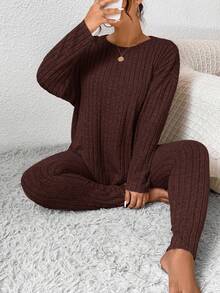SHEIN Frenchy 大码休闲纯色上衣和裤子两件套 - 棕色 - 查看 1