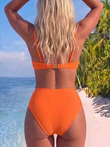 SHEIN Swim Women Summer Beach Solid Push Up Underwire Bikini Set Bathing Suit - Orange - View 2