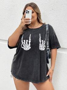 SHEIN CURVE+ 大码女装秋冬夏季开学季校园街头西式复古针织Vintage宽松柔软针织面料骷髅手图案卡通图案短袖T恤 - 深灰色 - 查看 7