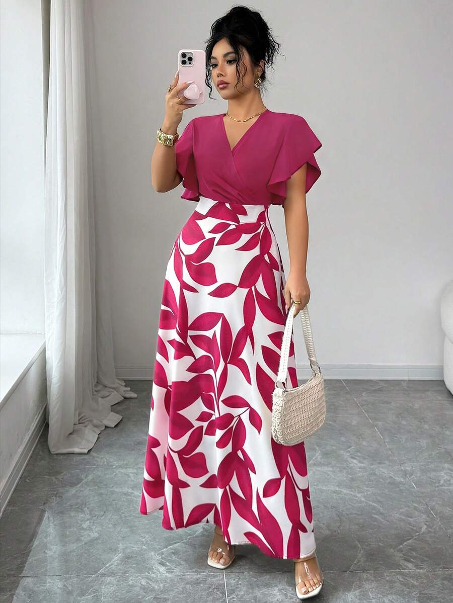 Elenzga Women's Elegant Burgundy Red Leaf Pattern Ruched Cap Sleeve Fitted Dress, Spring/Summer - Hot Pink - View 1