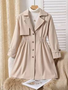 SHEIN Jaket Trench Coat Panjang Berkerah Warna Polos Longgar Kasual untuk Anak Perempuan Remaja, Warna Beige, Mantel Lucu, Pakaian Musim Gugur/Dingin - Khaki - View 7