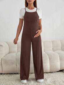 SHEIN Maternity Solid Color Wide Leg Loose Casual Overalls - Brown - View 4