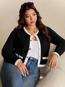 Elaquor 大尺碼女款對比色圓領長袖單排扣休閒針織開襟衫 秋冬款 - 黑色 - 查看 6
