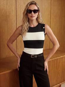 Daynim بودي سوت نسائي جديد بتصميم بسيط عصري مزين بإبزيم مرصع بالماس للصيف - أبيض وأسود - مشاهدة 6