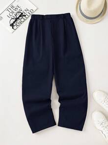 SHEIN Tween Boy Casual Woven Solid Color Long Pants, Suitable For Spring, Summer, Autumn, Winter, Casual, Outdoor Sports, School Occasions - Navy Blue - View 3