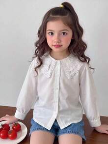 SHEIN Elladie kids 女童休閒時尚新款襯衫女裝上衣，荷葉邊領飾設計，純白面料，白色鈕扣前襟，泡泡袖長袖白襯衫，柔軟面料，適合青少年女孩，極簡休閒風，可愛甜美，舒適通勤，日常穿搭，適合上學、出遊、度假、派對、節日女童襯衫，兒童白襯衫，青少年服飾，可愛女童上衣，幼童襯衫 - 白色 - 查看 2
