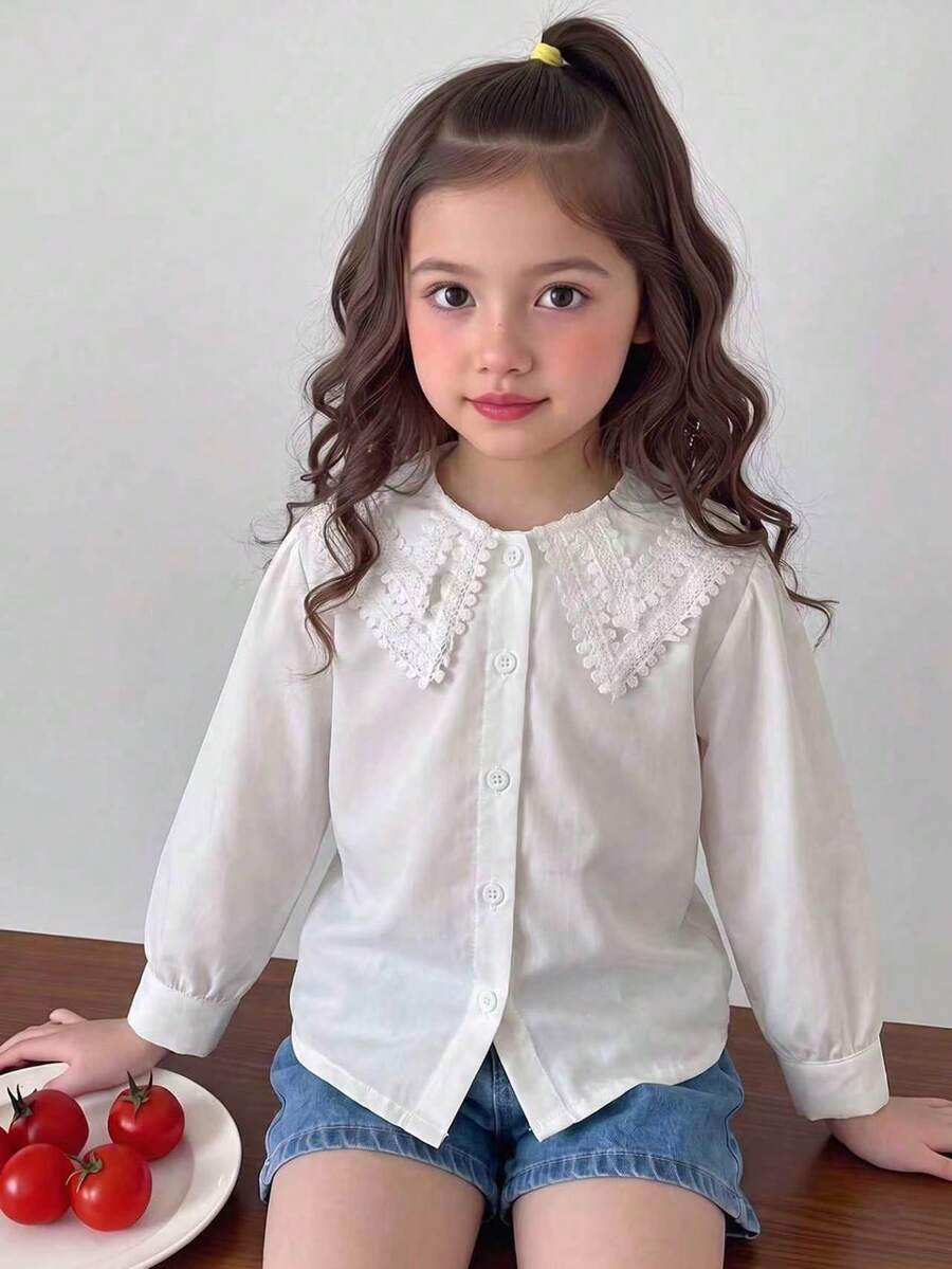 SHEIN Elladie kids 女童休閒時尚新款襯衫女裝上衣，荷葉邊領飾設計，純白面料，白色鈕扣前襟，泡泡袖長袖白襯衫，柔軟面料，適合青少年女孩，極簡休閒風，可愛甜美，舒適通勤，日常穿搭，適合上學、出遊、度假、派對、節日女童襯衫，兒童白襯衫，青少年服飾，可愛女童上衣，幼童襯衫