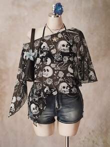 SHEIN ICON 大尺碼女款萬聖節骷髏印花網紗上衣 - 彩色 - 查看 3