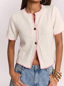 SHEIN BAE Regular Women's Gold Button Fur Knit Cardigan - Apricot - View 6