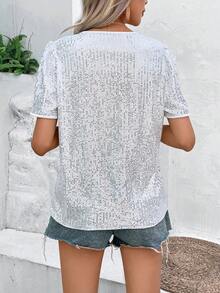 SHEIN 节日派对服装 V 领亮片衬衫 女士派对上衣 - 白色 - 查看 2