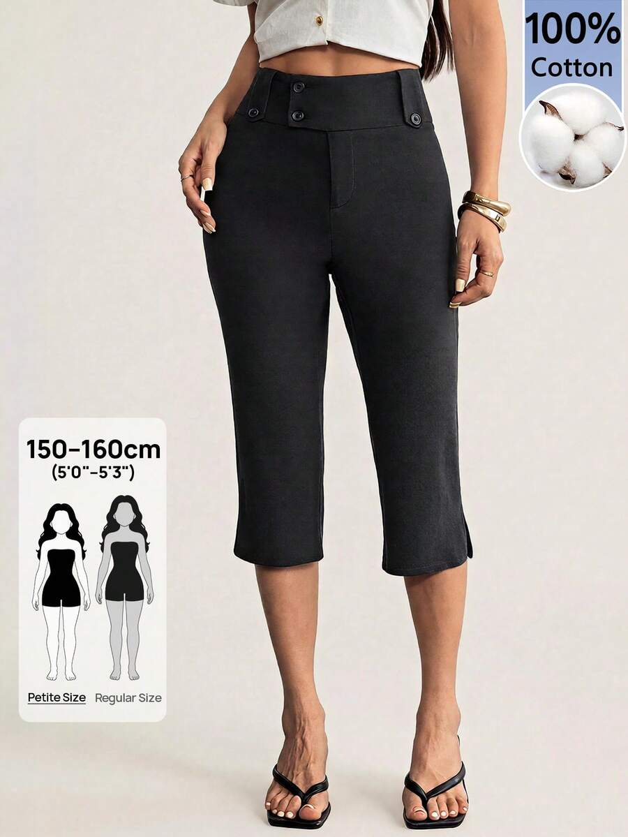 SHEIN PETITE Pantalones Capri de cintura baja con abertura para mujer, estilo casual y lindo para primavera/verano, a rayas de colores, pantalones a rayas, pantalones casuales, pantalones de vacaciones, pantalones para salir, pantalones estilo Y2K, pantalones vintage - Negro - Ver 1