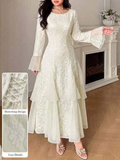 Yasmyna Robe femme printemps/automne, beige, élégante et douce, en jacquard, col rond, manches cloche double couche, taille cintrée, patchwork en mousseline, jupe ample
