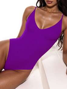Oceva Traje de baño de una pieza sin espalda de unicolor, sexy para vacaciones en la playa - Morado Violeta - Ver 4