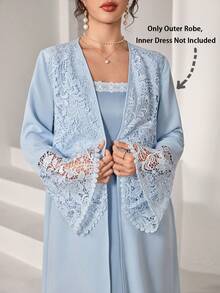 Yasmyna Elegant Blue Contrast Lace Flared Sleeve Open Front Robe, Spring/Summer - Baby Blue - View 8