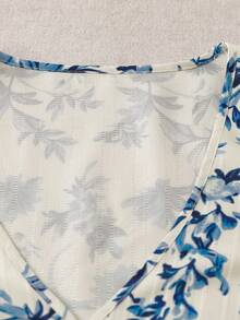 Linhara Plus Size Allover Printed Summer Slimming Ruffle Trim Blouse , Holiday Summer Vacation Top - Blue and White - View 6