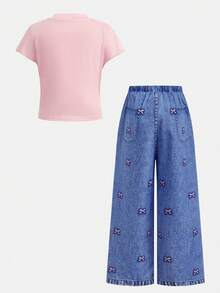 SHEIN 女童嬰兒可愛粉色3D蝴蝶結T恤與牛仔印花褲2件套，適合正式、休閒、日常穿著、外出、街頭風，適用任何場合，姐妹搭配，親子套裝，可愛女孩風 - 粉色 - 查看 2
