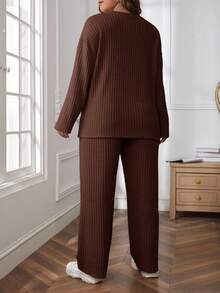 SHEIN Essnce Plus Size Solid Color Round Neck Drop Shoulder Long Sleeve Ribbed Loose 2 Pieces Set Fall - Rust Brown - View 2