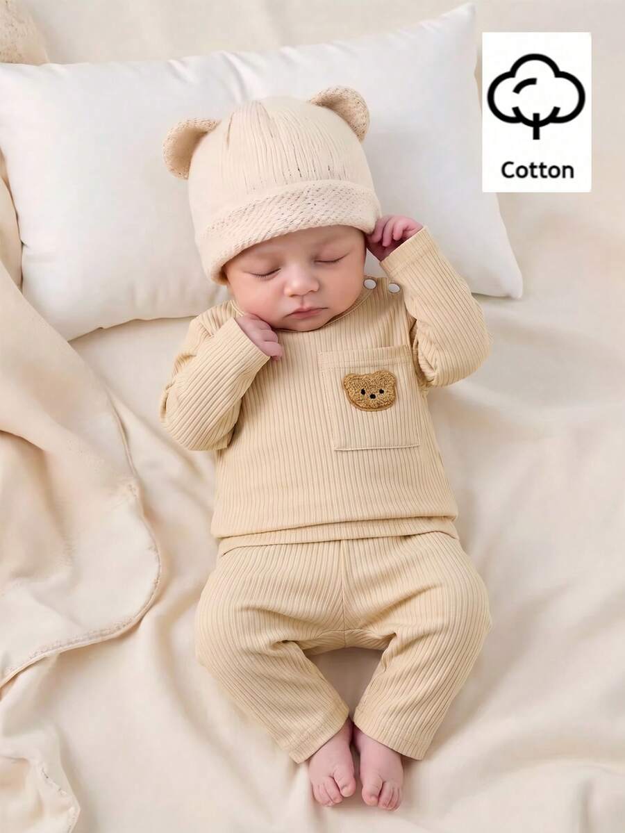 SHEIN 新生兒羅紋布料熊圖案上衣,口袋設計,休閒基礎款男嬰套裝 - 卡其色 - 查看 1