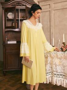 Côtesoire Southern France Elegant Romantic Lace Patchwork Contrast Color Bell Sleeve Women's Nightgown Sleep Pastel Yellow Fall - Yellow - View 5
