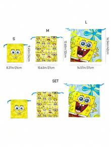 SpongeBob SquarePants | SHEIN 海洋卡通緞面抽繩收納袋，單件或組合販售，柔軟光滑布料，防塵抽繩設計，適合旅行衣物與盥洗用品收納 - 黃藍色 - 查看 10