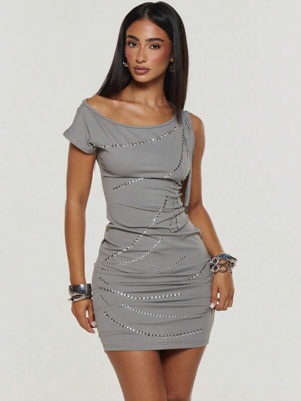 MUSERA Rhinestone Embellished Ruched Bodycon Dress With Asymmetric Stud Detailing Boho, Sexy, Autumn, Festival, Girly, Studs & Suede