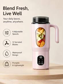 580ml Wireless Charging Juicer, Portable Electric Blender Cup With LCD Display And 12-Blade System, Ideal For Blending Fruits, Vegetables, And Smoothies, Features Simple Button Controls And USB-C Charging, 1300mAh, Pink - one size fits all - View 3