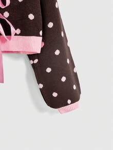 ROMWE Autumn/Winter Vintage Y2K Bow Ribbon Polka Dot Cute Retro Pink & Cardigan - Brown - View 4