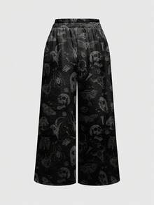 ROMWE Goth 暗黑龐克骷髏森林日月星女款長褲 - 黑色 - 查看 2