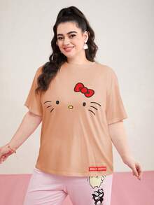 HELLO KITTY AND FRIENDS | SHEIN Plus Size Cartoon Pattern Drop Shoulder Casual Summer T-Shirt - Pink - View 7