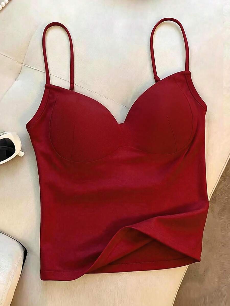 Resyla Tank Top Camisole Kasual Serbaguna Warna Polos untuk Wanita - Merah - View 1