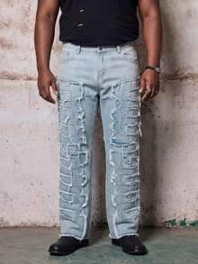 Skyrend Men's Plus Size Solid Black Creative Tassel Denim Pants, Emo Style Gothic Punk Streetwear For Emo Boy Fall/Autumn/Winter Grunge - Medium Wash - View 2
