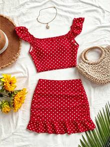 Roelina Women's New Printed Summer Ruffle Design Tie-Up Two Pieces Set, Vacation Ruched Camisole Crop Top, Sexy Ruched Mini Ruffle Skirt Two Pieces Set, Tie-Up Ruched Sexy Top, Suitable For Vacation, Travel, Dating - Red - View 2