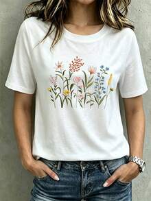 Trelyra 100 Cotton Comfortable Wild Flower Plant Oversized Cottage Casual Embroidered T-Shirt Floral Round Neck Short Sleeve For Summer Picnic White Floral - White - View 3