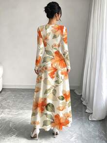 Modelyn 橘色大花卉植物印花法式連身裙，女款時尚圓領長袖收腰長裙，花卉圖案淺杏色長裙，秋冬度假風穿搭，女款日常優雅服飾 - 彩色 - 查看 2
