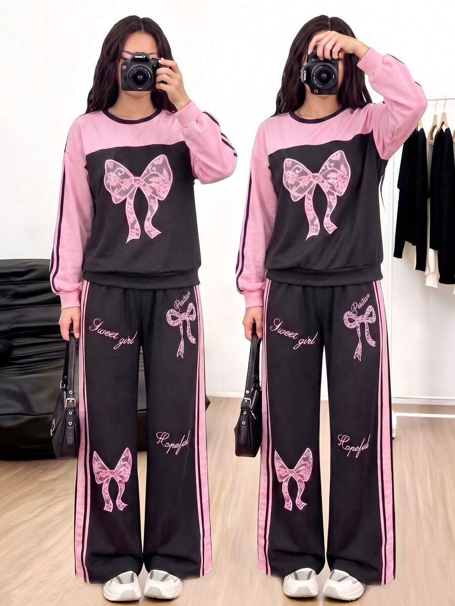 Sparklyn 2件組 秋冬青少年女孩寬鬆休閒設計蝴蝶結水鑽亮面對比色條紋 3D蝴蝶結長袖衛衣與配套下裝 - 黑色 - 查看 1