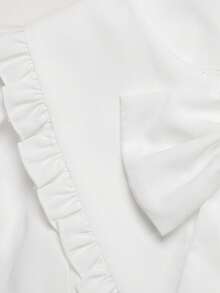 SHEIN 少女女孩寬鬆休閒極簡舒適日常穿著大學風白色優雅荷葉邊飾前開鈕扣 - 白色 - 查看 5