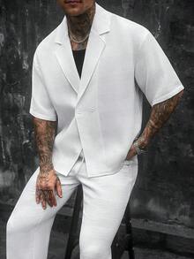 SLATEMANN Set da uomo con camicia a maniche corte casual ampia con colletto a revers, design a doppio petto e texture a nido d'ape tinta unita, e pantaloni lunghi con vita elastica - Bianco - Visualizzare 6