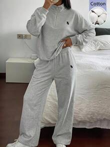 SHEIN EZwear 淺灰色刺繡細節運動衫與運動長褲套裝 - 淺灰色 - 查看 11