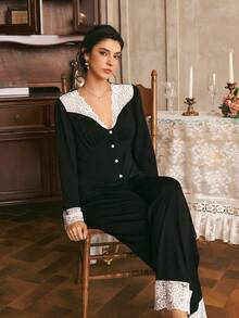 Côtesoire French Elegant Romantic Contrast Color Charming Lace Patchwork Comfortable Knit Women's Pajama Set - Black - View 6