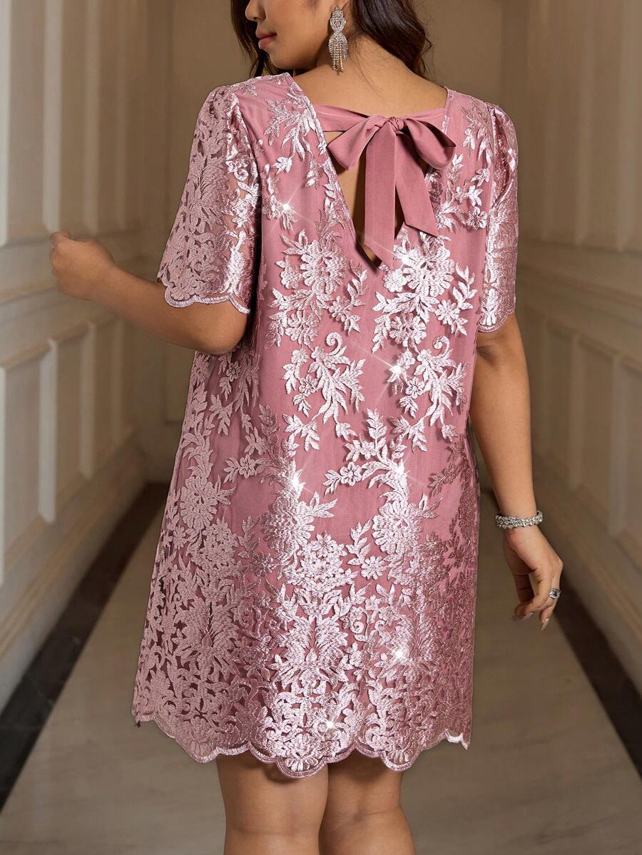 Reflora Plus Size Summer Elegant Embroidered Mesh Dress Wedding Mother Of The Bride Dusty Rose - Pink - View 1