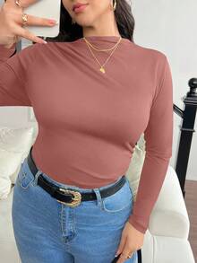 SHEIN Frenchy Plus Size Mock Neck Ruched Slim Fit Tee Fall - Dusty Pink - View 3