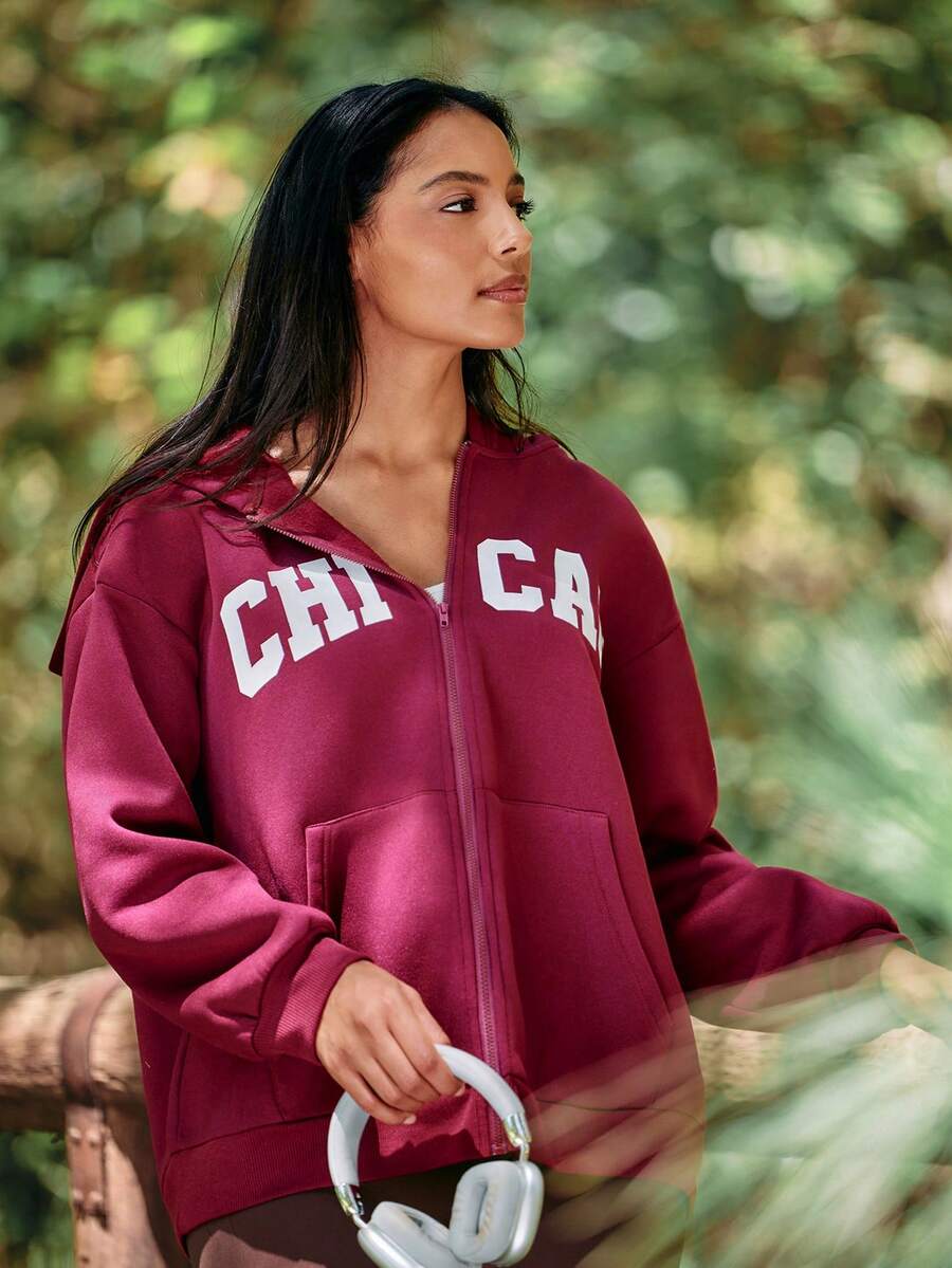 Voyena Women's Plus Size Letter Print Hooded Sweatshirt - Burgundy - View 1